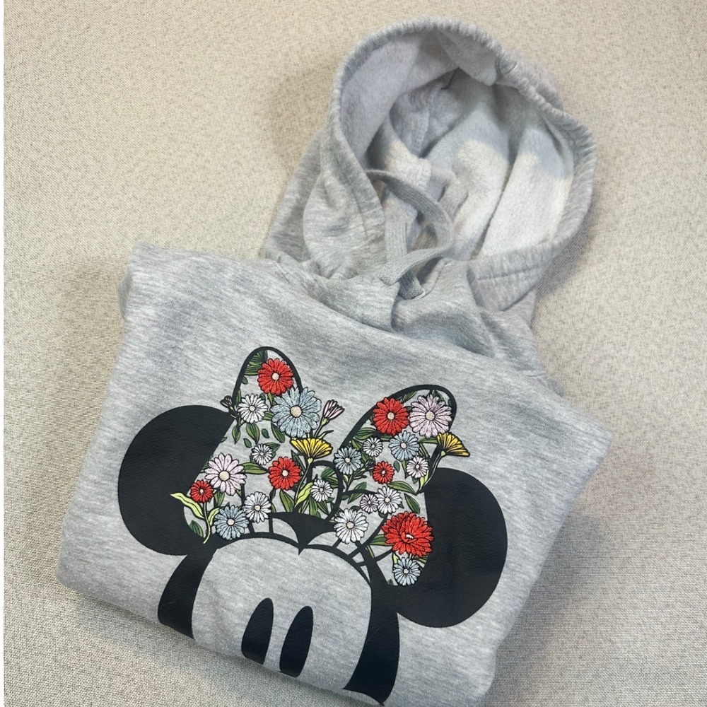 Disney Minnie Mouse Hoodie Womens SM Gray Cotton Floral Graphic Pullover IESJCA4